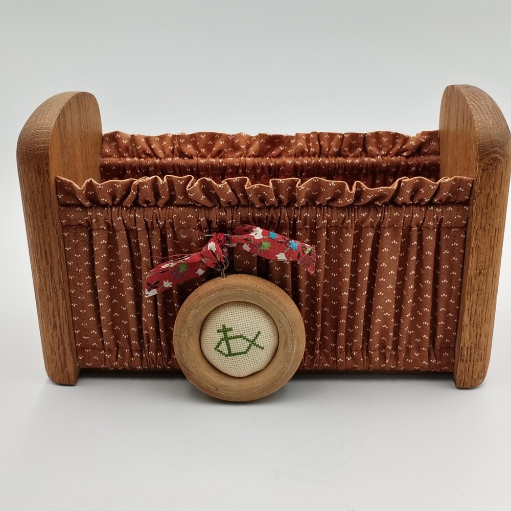 Vintage Wooden Cradle Napkin Holder Letter Sorter Gathered Fabric Cross Stitch